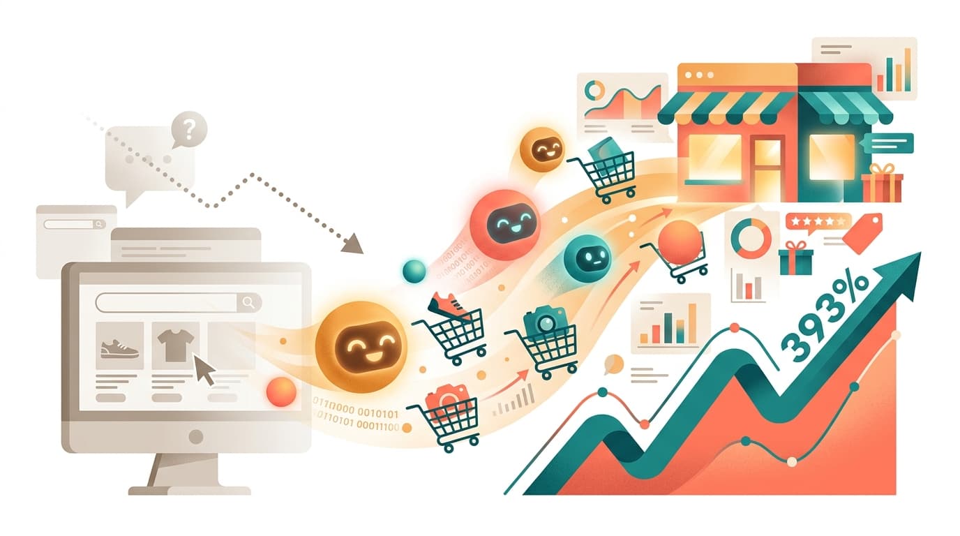 エージェンティックコマースの概念図：AIエージェントが小売サイトを巡回し購買を支援する