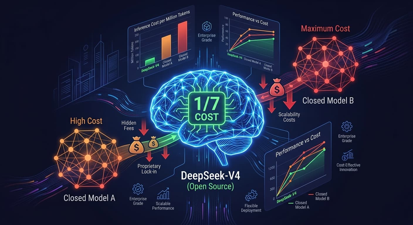 DeepSeek-V4エンタープライズ導入ガイド。1.6兆パラメータMoEモデルによる価格と性能の革新を示す概念図。
