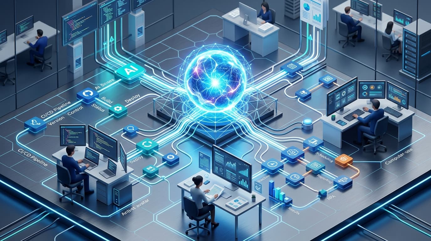 GPT-5.5エージェンティックAIの概念図。複数の業務タスクを自律的に処理するAIシステムのアーキテクチャ。